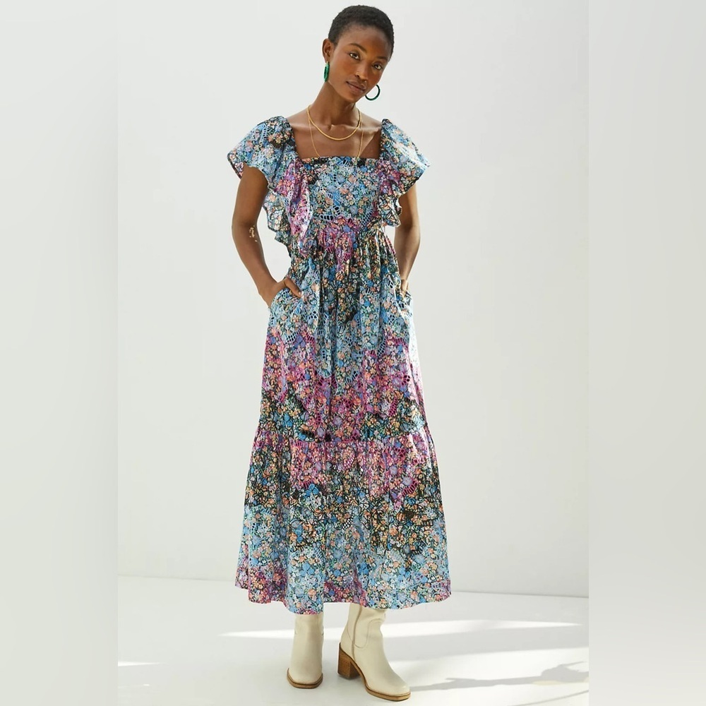 Anthropologie Clementina Eyelet Floral Boho Maxi Dress Women’s Size M - Picture 2 of 16
